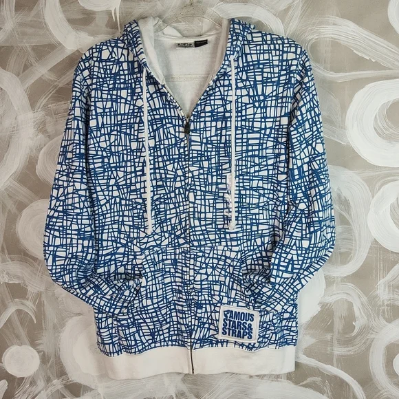 Famous Stars & Straps Blue and White Zip Up Sweater